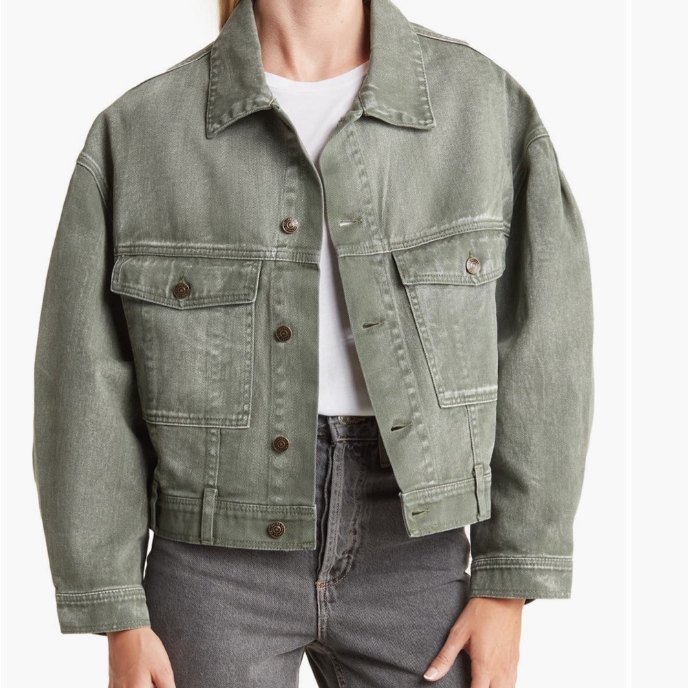 Ena Pelly  Green 90s‎ Cropped Denim Jacket – Boxy Fit, Balloon Sleeves size 6